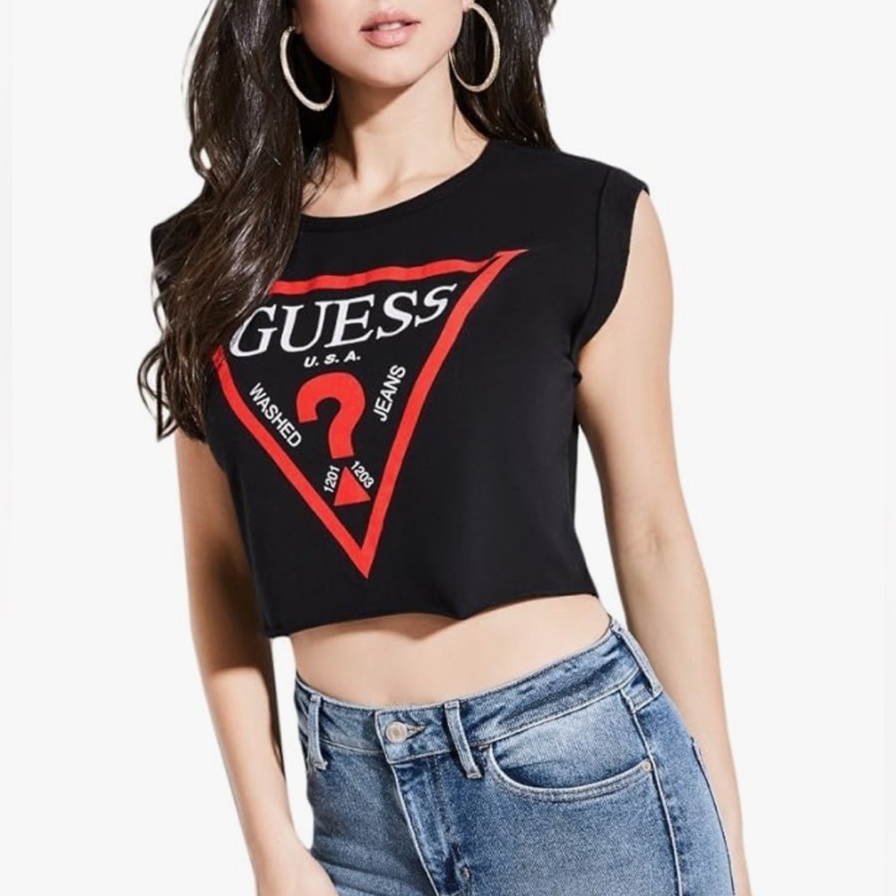 GUESS Logo Crop Top in Black and Red L